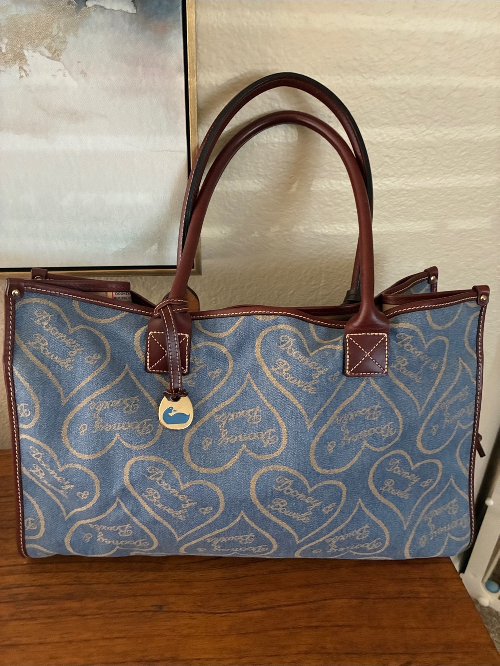 Dooney & Bourke rare vintage Blue Heart-denim leather trim tote bag